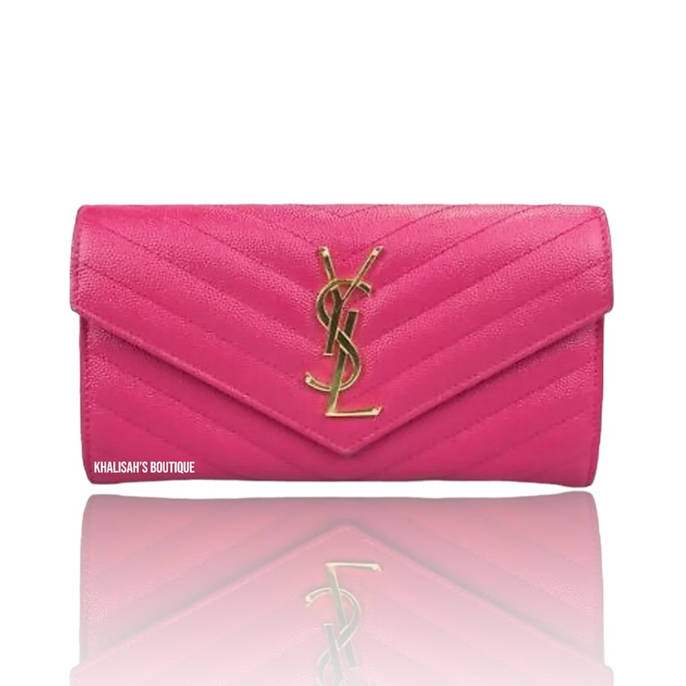 YSL SAINT LAURENT Long Large In Grained Flap Wallet Hot Pink in Good Condition